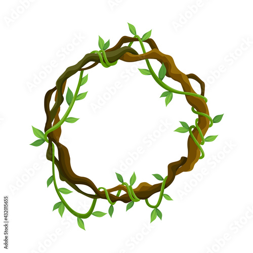 Tropical liana frame, jungle plant branches with leaves. Tropical climbing liana vine with green leaves. Cartoon lianas frame shaped. Liana branches