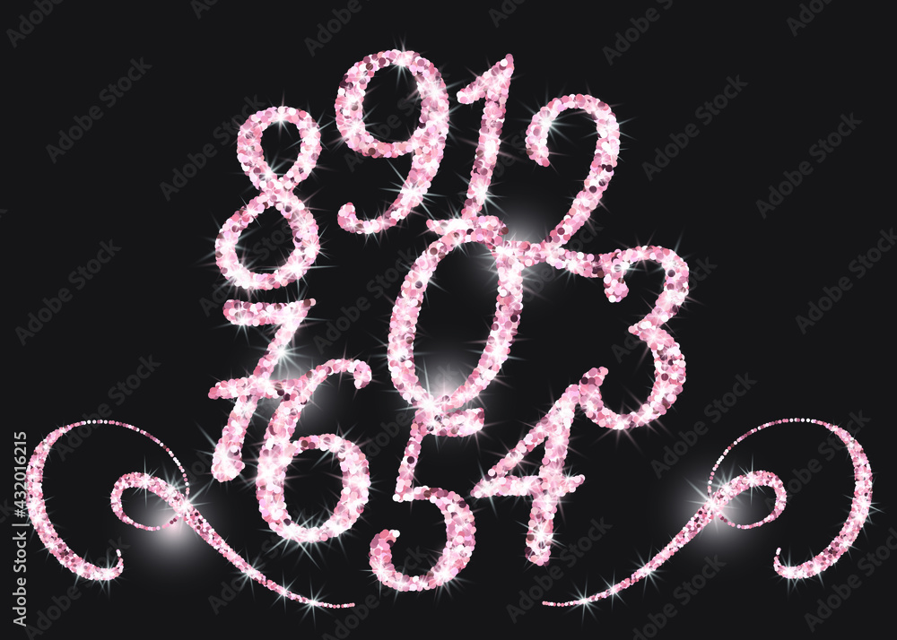 Realistic shining rose gold glitter numbers 1, 2, 3, 4, 5, 6, 7, 8, 9