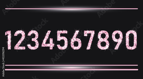 Realistic shining rose gold glitter numbers 1, 2, 3, 4, 5, 6, 7, 8, 9, 0. Set of isolated vector objects one, two, three, four, five, six, seven, eight, nine, zero for decoration, celebration design.
