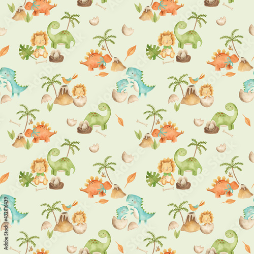 Baby Dinosaurs watercolor illustration children s cute pattern in green background 