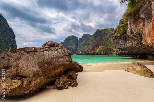 The beach of the Phi Phi Islands made famous by a movie of the same name.