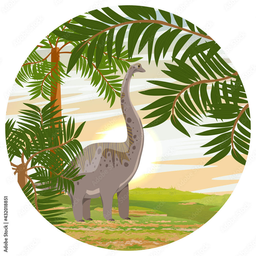 Naklejka Round composition. Big dinosaur brachosaurs near prehistoric tree ferns. Vector illustration