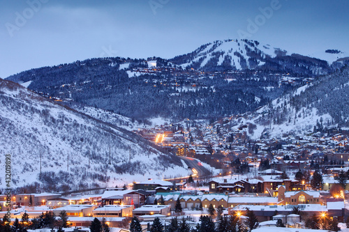 Winter cityscape of Park City Mountain Resort and Deer Valley Resort, UT photo
