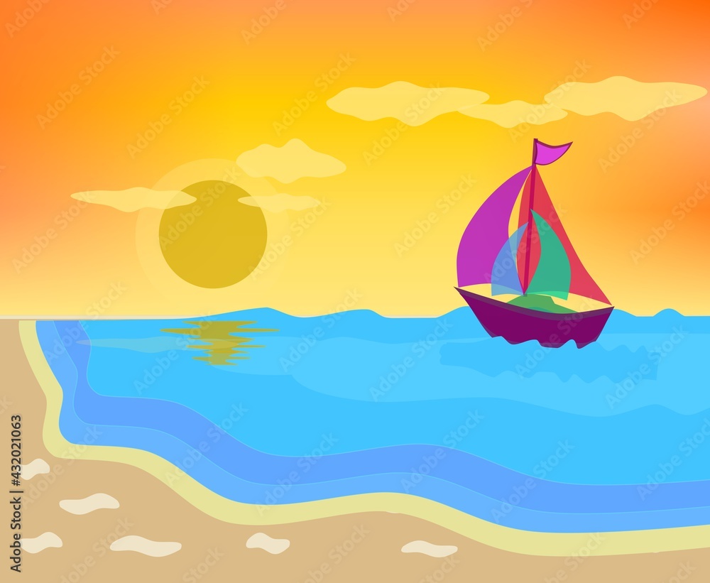 Boat with bright sails in the south sea on the waves against the background of the sun and summer sky in yellow and orange colors Boat with bright sails in the south sea on the waves against the background of the sun and summer sky in yellow and orange colors
