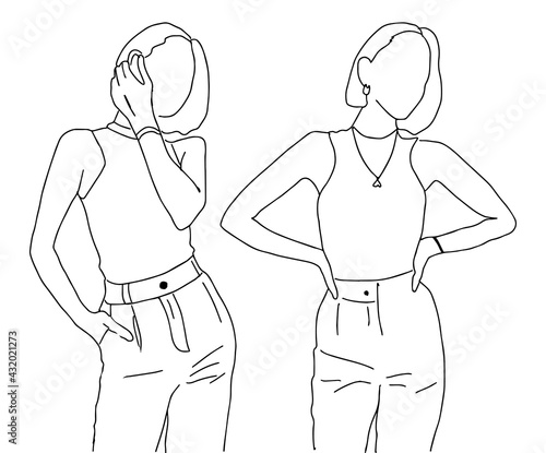 Two beautiful girls are standing in different poses advertising a modern style of clothing. Linear style. Vector illustration.