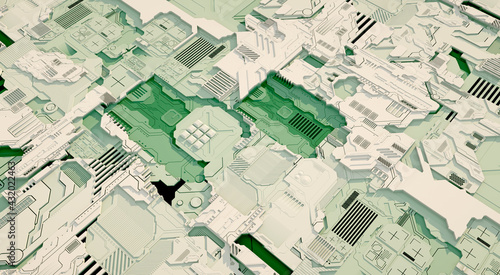 Macro rendering of a futuristic electronic printed circuit board with microchips and processors. Technology background concept.  Computer microchip, electronic microcircuit. 3D rendering.