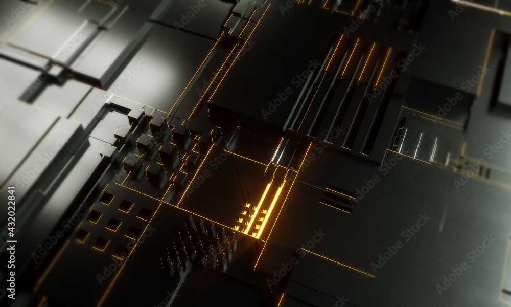 Macro rendering of a futuristic electronic printed circuit board with microchips and processors. Technology background concept. Computer microchip, electronic microcircuit. 3D rendering. Macro rendering of a futuristic electronic printed circuit board with microchips and processors. Technology background concept. Computer microchip, electronic microcircuit. 3D rendering.