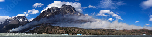 Triple image panoramic of the Torres del Paine National Park Wildfire in Patagonia, Chile. photo
