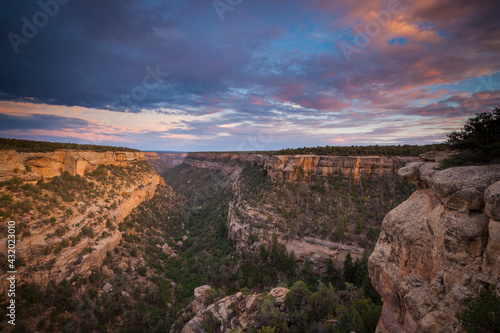 Cliff Palace Canyon. Sunset over the canyon leading to Cliff Palace in Mesa Verde National Park, CO.
