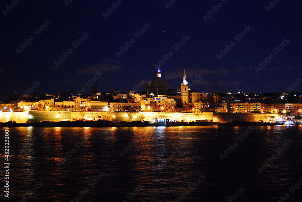 Valletta city in the night the most famous historical port in Europe