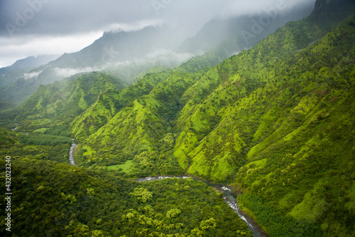 Aerial shots of the Napali Coast of the island of Kauai in Hawaii as seen from a Helicopter photo