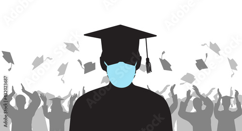 Silhouette of graduate in medical protective mask on background of cheerful group people throwing mortarboard. Graduation ceremony. Vector illustration.