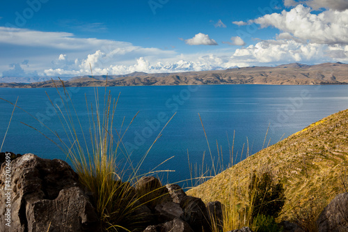 Mt. Illampu and Mt. Ancohuma in the Cordillera Real mountain range as seen from Lake Titicaca, Bolivia
