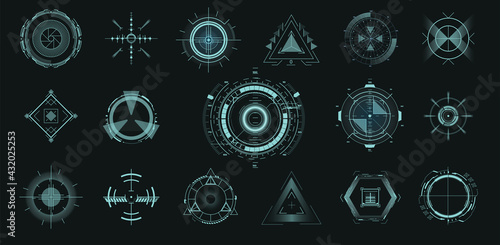 Futuristic optical aim. Military collimator sight, gun targets focus range indication. Gaming and hi-tech, cyberspace and gui design, electronic theme. HUD, GUI,UI technology future elements. Vector