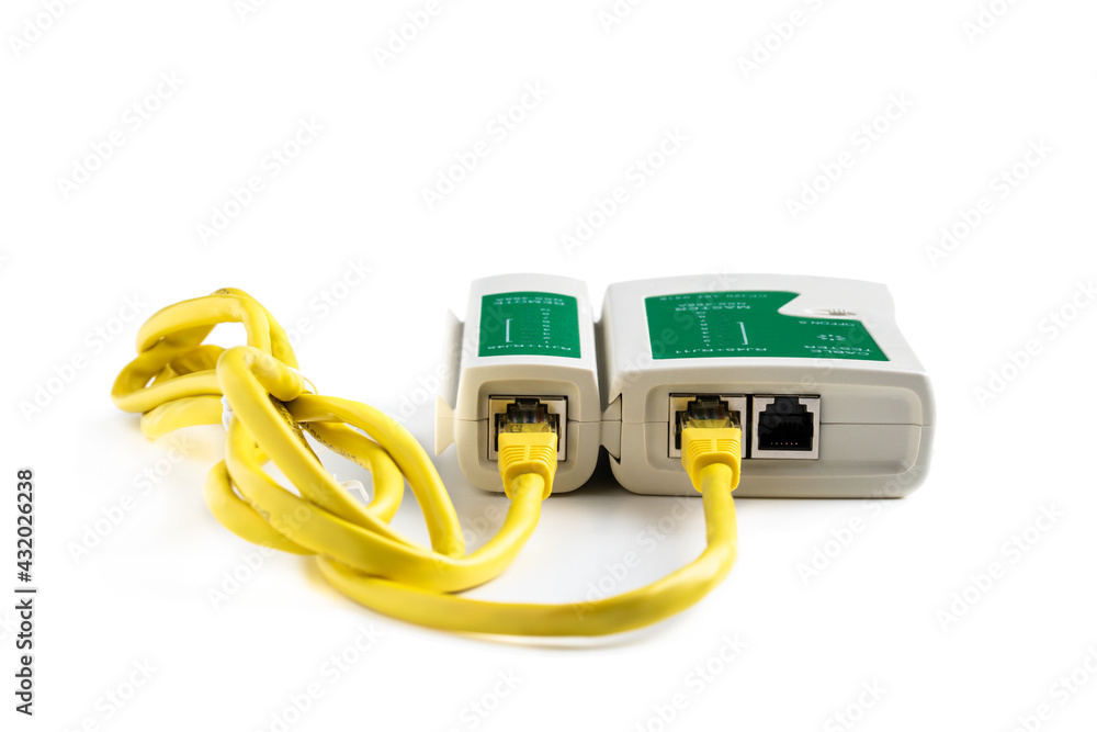 Network Cable Tester Test Tool RJ45 application example isolated on white Network Cable Tester Test Tool RJ45 application example isolated on white