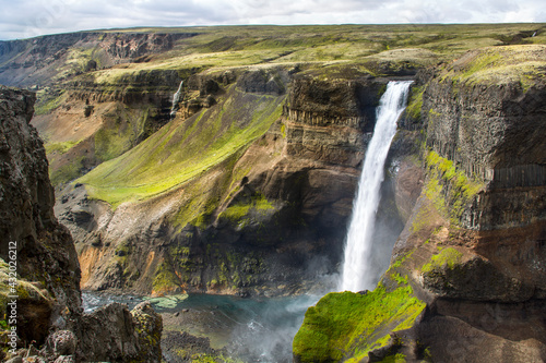 Haifoss waterfall near the volcano Hekla in Iceland is Iceland's second tallest waterfall.