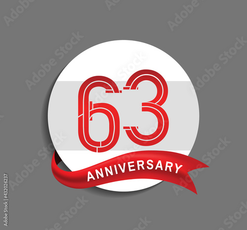 63 anniversary with white circle and red ribbon for celebration event, company special moment and party