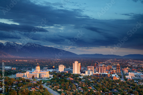 View of downtown Salt Lake City, UT with Wasatch Mountains. photo