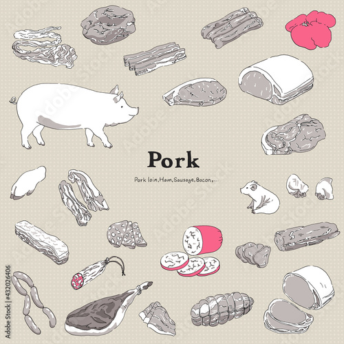 豚肉のイラストセット-手描きの線画