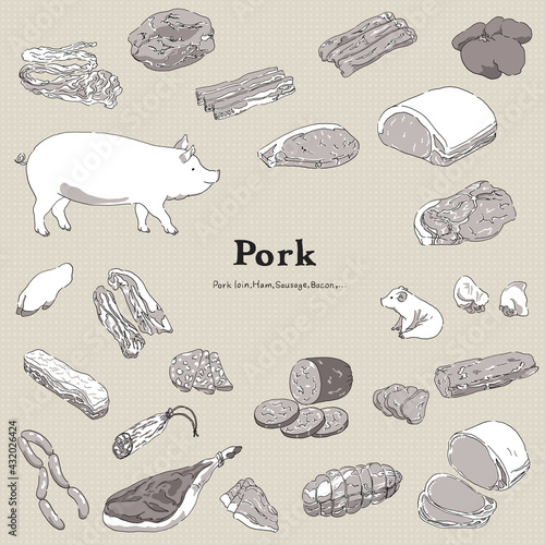 豚肉のイラストセット-手描きの線画