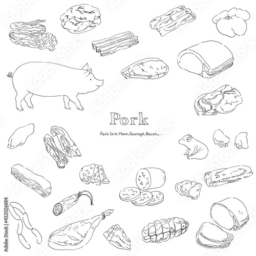 豚肉のイラストセット-手描きの線画