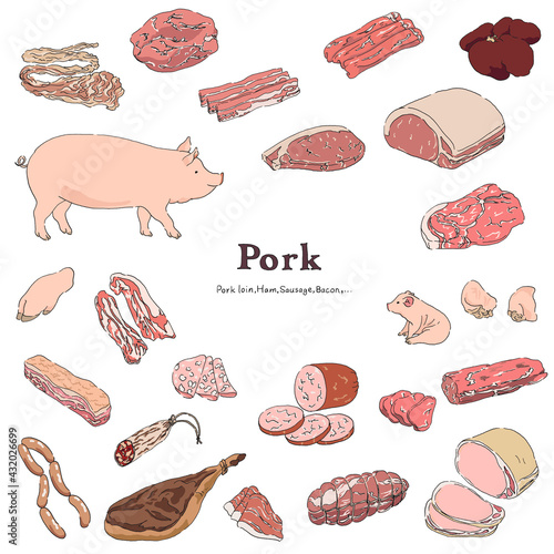 豚肉のイラストセット-手描きの線画