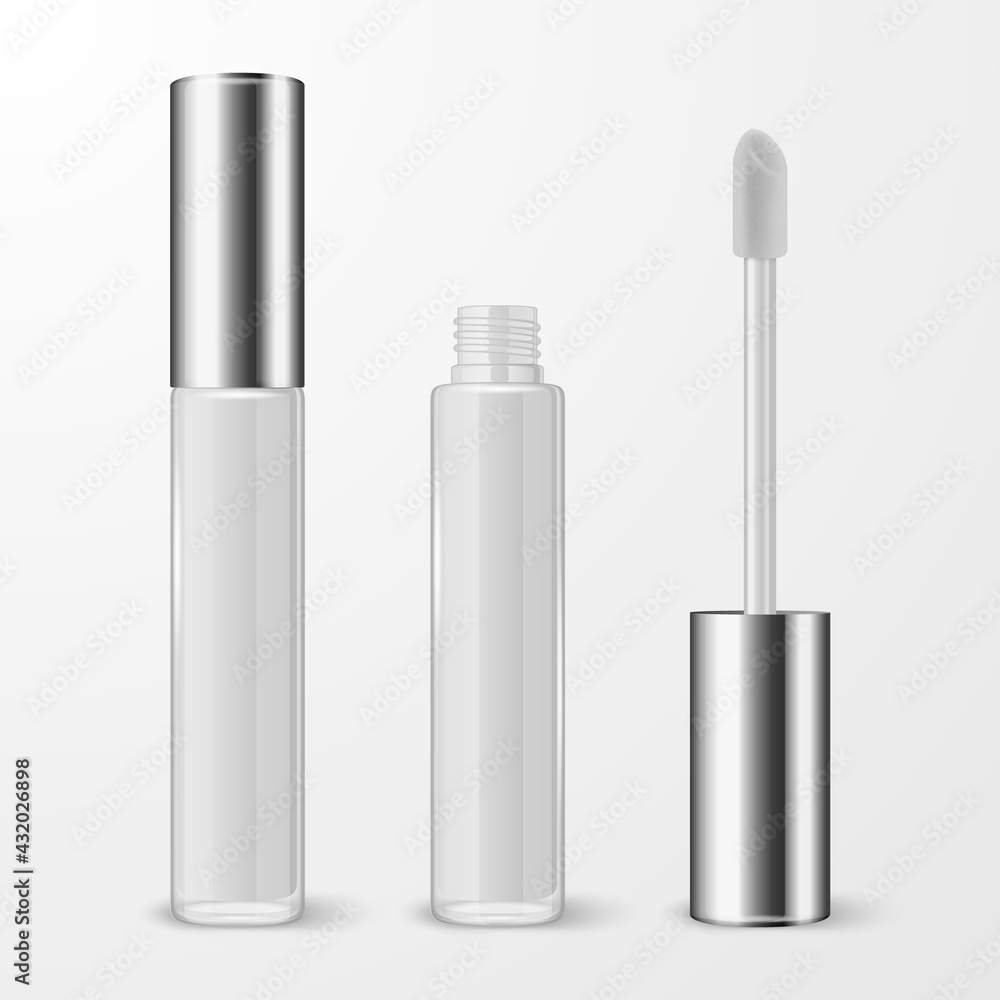Vector 3d Realistic Closed, Opened White Lip Gloss, Lipstick Package, Silver Cap Set Isolated. Glass Container, Tube, Lid, Brush. Plastic Transparent Bottle Design Template, Mockup. Front View Vector 3d Realistic Closed, Opened White Lip Gloss, Lipstick Package, Silver Cap Set Isolated. Glass Container, Tube, Lid, Brush. Plastic Transparent Bottle Design Template, Mockup. Front View