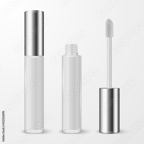 Vector 3d Realistic Closed, Opened White Lip Gloss, Lipstick Package, Silver Cap Set Isolated. Glass Container, Tube, Lid, Brush. Plastic Transparent Bottle Design Template, Mockup. Front View