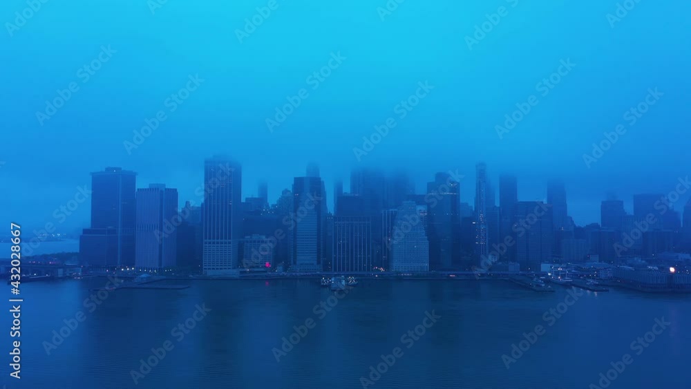 Financial District Aerial view foggy morning Financial District Aerial view foggy morning