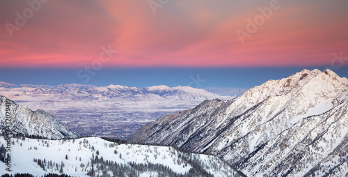 Winter landscape image of Little Cottonwood Canyon and Salt Lake Valley. photo