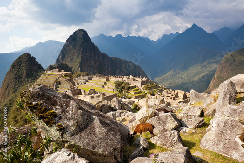 View of Machu Picchu - the Lost City of the Incas - located in the Vilcanota mountain range in south-central Peru.