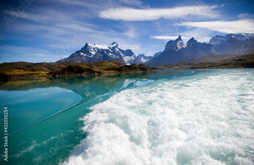 The view from the catamaran in Torres del Paine National Park, Chile.