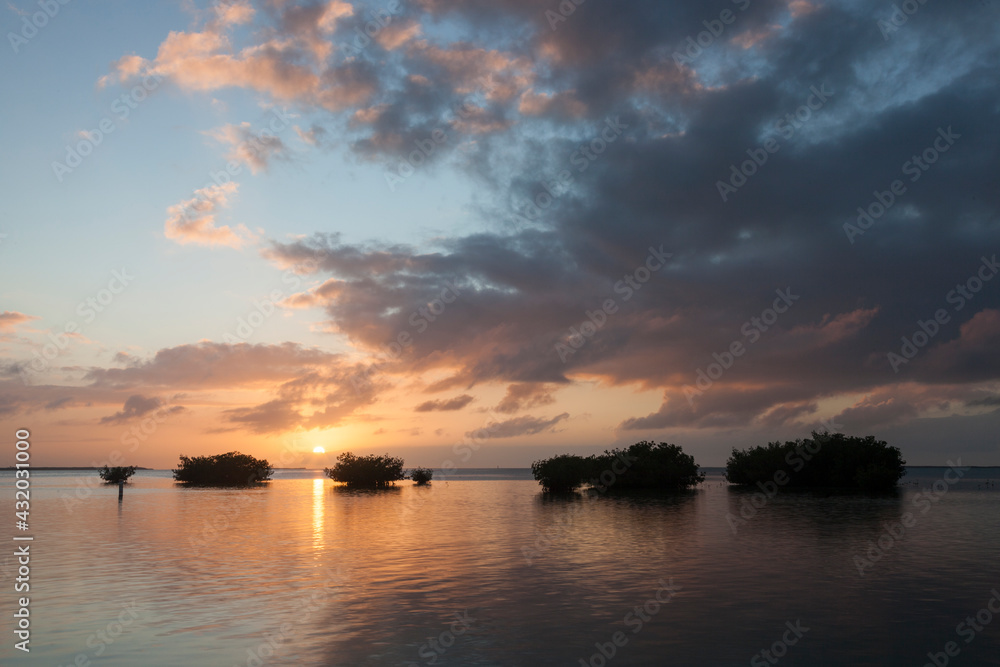 The sun sets over a mangrove flat within Florida Bay and Everglades National Park, Florida. The sun sets over a mangrove flat within Florida Bay and Everglades National Park, Florida.