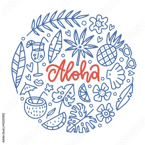Aloha Tropical Paradise Banner Template with lettering word in round shape of tropical eleents. Hawaiian Vacation linear Vector Illustration.