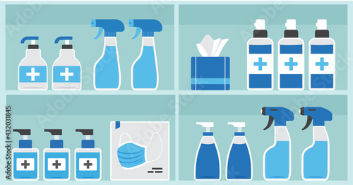 Pharmacy vector shelf, showcase medicine store, medical bottles and containers drug, packaging medication. PPE personal protective equipment. Hygiene. Disinfection illustration