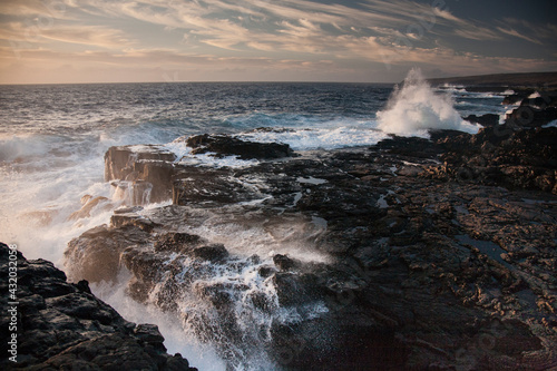 Waves crash on the rugged coastline of Ka'u, on the southern end of the Big Island of Hawaii.