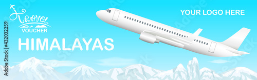 Travel Voucher Design for travelers to Himalayas with airplane and mountains vector illustration