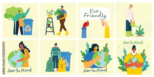 Set of eco save environment pictures. People taking care of planet collage. Zero waste, think green, save the planet, our home hand written text