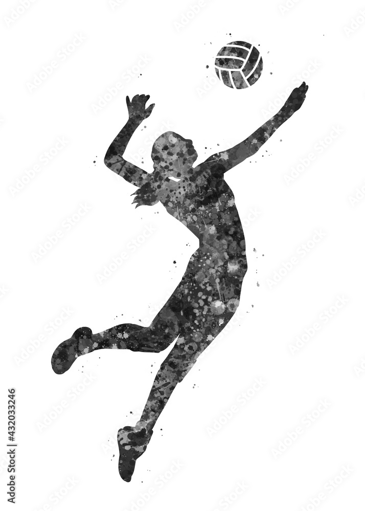 Volleyball Player girl black and white watercolor art, abstract sport painting. sport art print, watercolor illustration artistic, greyscale, decoration wall art.