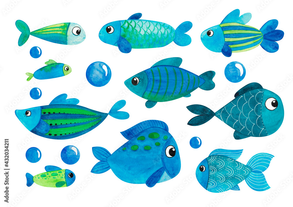 Set of watercolor blue cute fish isolated on white background. Fanny fish for baby room, baby shower. Set of watercolor fish for background, postcard, cover, wallpaper, flyer, banner. Set of watercolor blue cute fish isolated on white background. Fanny fish for baby room, baby shower. Set of watercolor fish for background, postcard, cover, wallpaper, flyer, banner.
