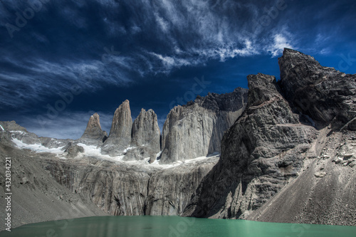 The iconic peaks of Las Torres in Torres del Paine National Park in Patagonia, Chile. photo