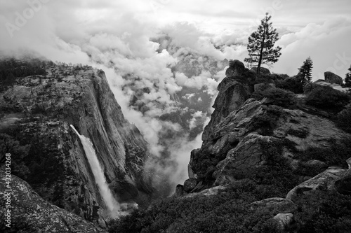 Looking down at Upper Yosemite Falls during clearing storm, Yosemite National Park, CA