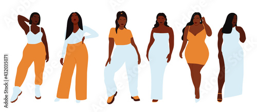 Modern set of black curvy women, great design for any purposes. Beauty fashion female figure. Vector set. Attractive beautiful girl portrait