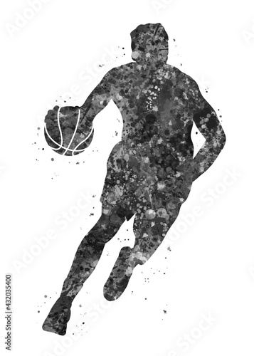 Basketball player man black and white watercolor art, abstract sport painting. sport art print, watercolor illustration artistic, greyscale, decoration wall art.