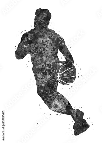 Basketball player male black and white watercolor art  abstract sport painting. sport art print  watercolor illustration artistic  greyscale  decoration wall art.