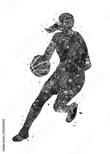 Basketball player girl black and white watercolor art, abstract sport painting. sport art print, watercolor illustration artistic, greyscale, decoration wall art.