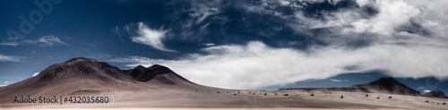 A large image panoramic in the Dali Desert, an area rich in minerals, with many high desert volcanoes, and petrified trees and cactus.