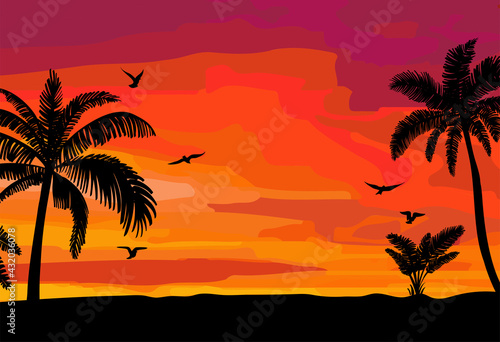 Silhouette palm sunset hand drawn  great design for any purposes. Yellow and orange background. Sketch drawing. Nature illustration. Poster banner design.