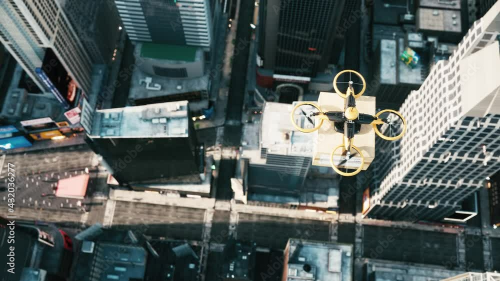 Drone is delivering the package above the city. Drone flying over city, delivering postal package. 3d visualization