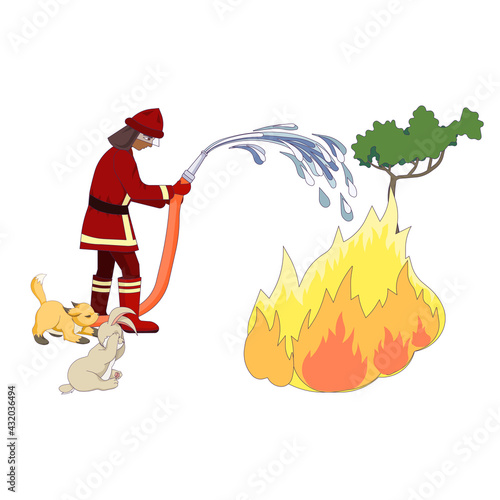 Firefighter extinguishes forest fire with a hose in Cartoon style, fireman saving wild animals rabbit and fox on white isolated background, concept of Environmental Protection, World firefighter day.